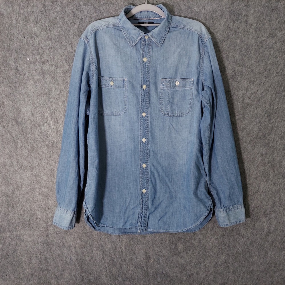 Uniqlo Women Denim Shirt L Blue Chambray Coastal Button Up Long Sleeve Stonewash